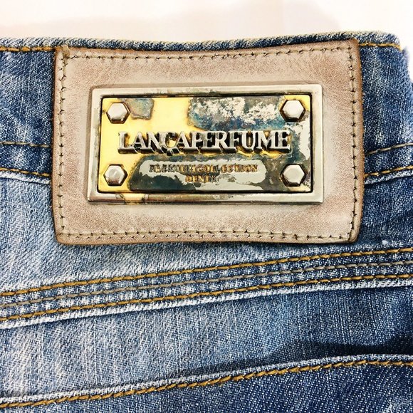 LANCA PERFUME WOMEN SZ 36 DENIM DISTRESSED SHORTS 2” INSEAM ZIP SIDE VENTS LOGO - Picture 3 of 10